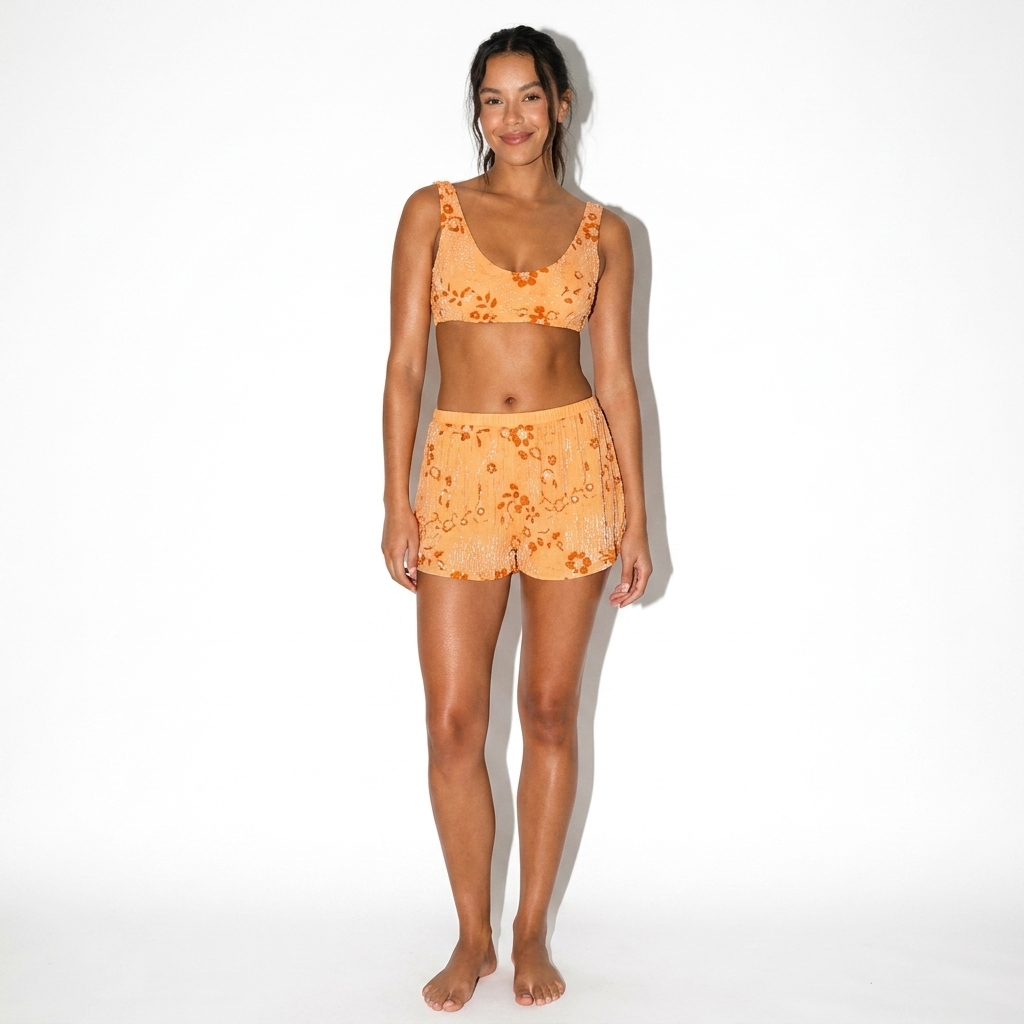 Amélie — Orange Floral Print Bra Top & Shorts Set, front view