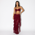 Roxane — Burgundy Fringe Bra Top & Skirt Set, front view