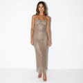 Fantine — Taupe Satin Cowl Slip Gown, front view