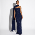 Isabeau — Navy Sequin Halter Gown with Cape Sleeve, front view