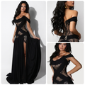 Mélanie — Black Mesh Off-Shoulder Slit Gown, front view