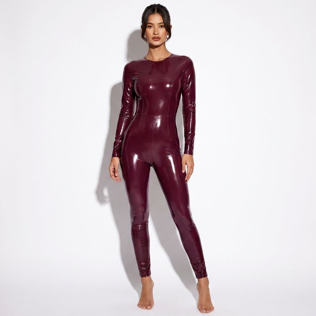 Radegonde — Burgundy Patent Long-Sleeve Catsuit, front view