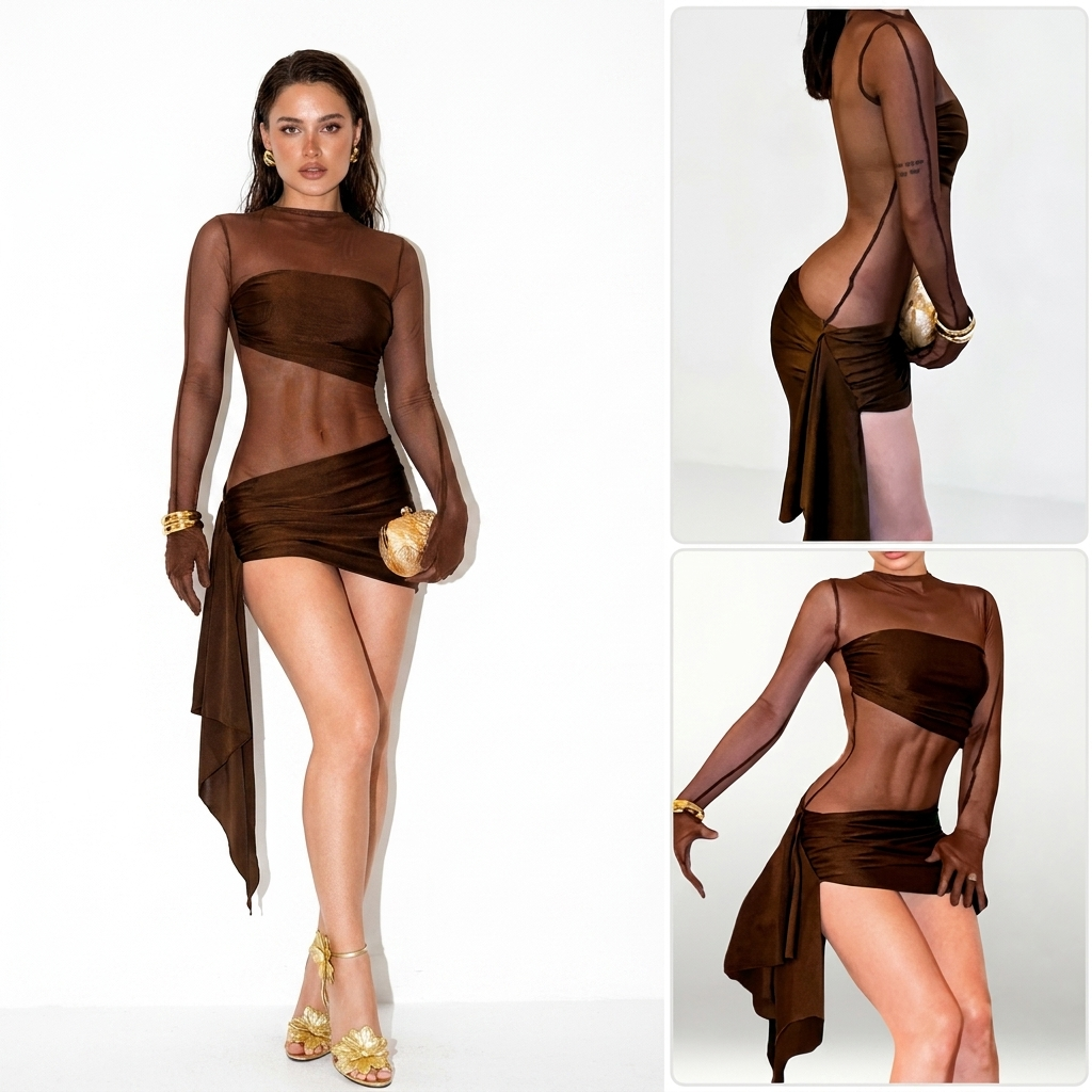 Yseult — Chocolate Mesh Cutout Gown, front view