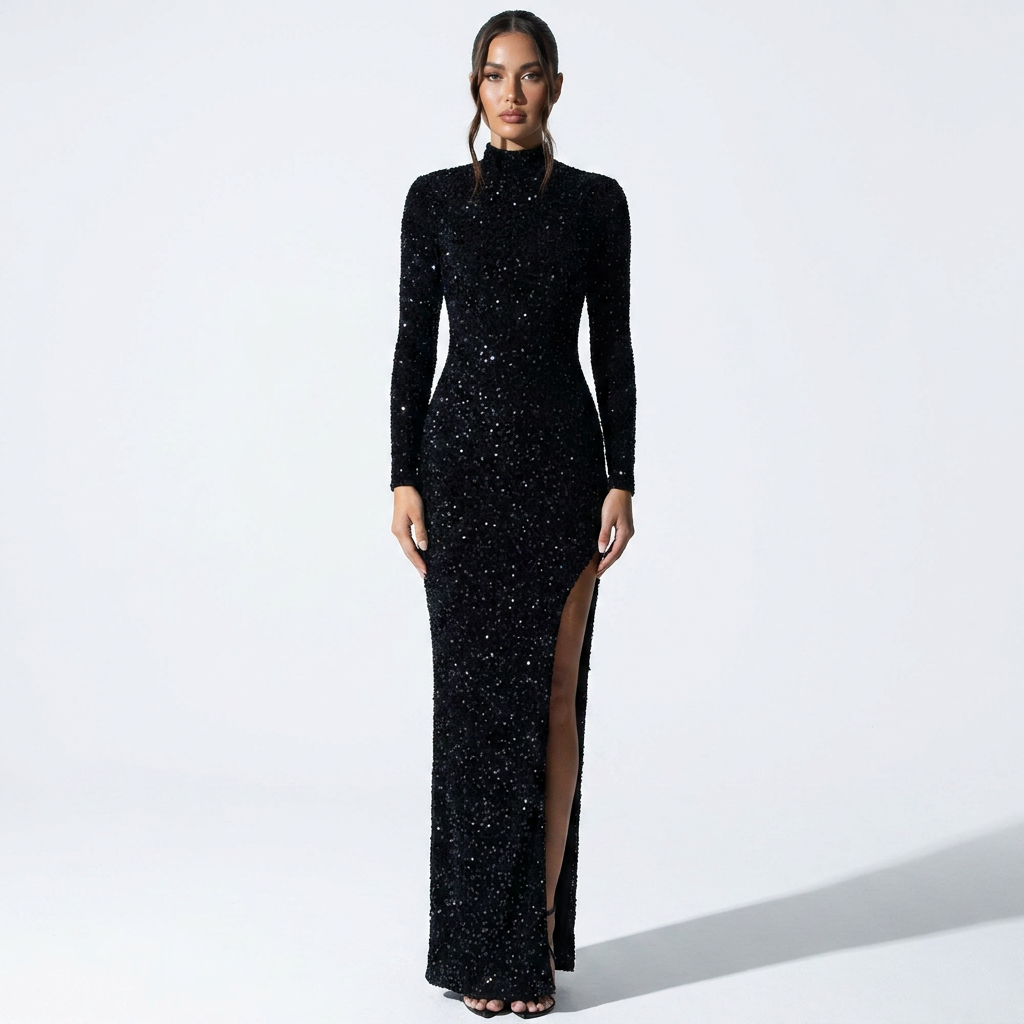 Hortense — Black Sequin Long-Sleeve Gown, front view