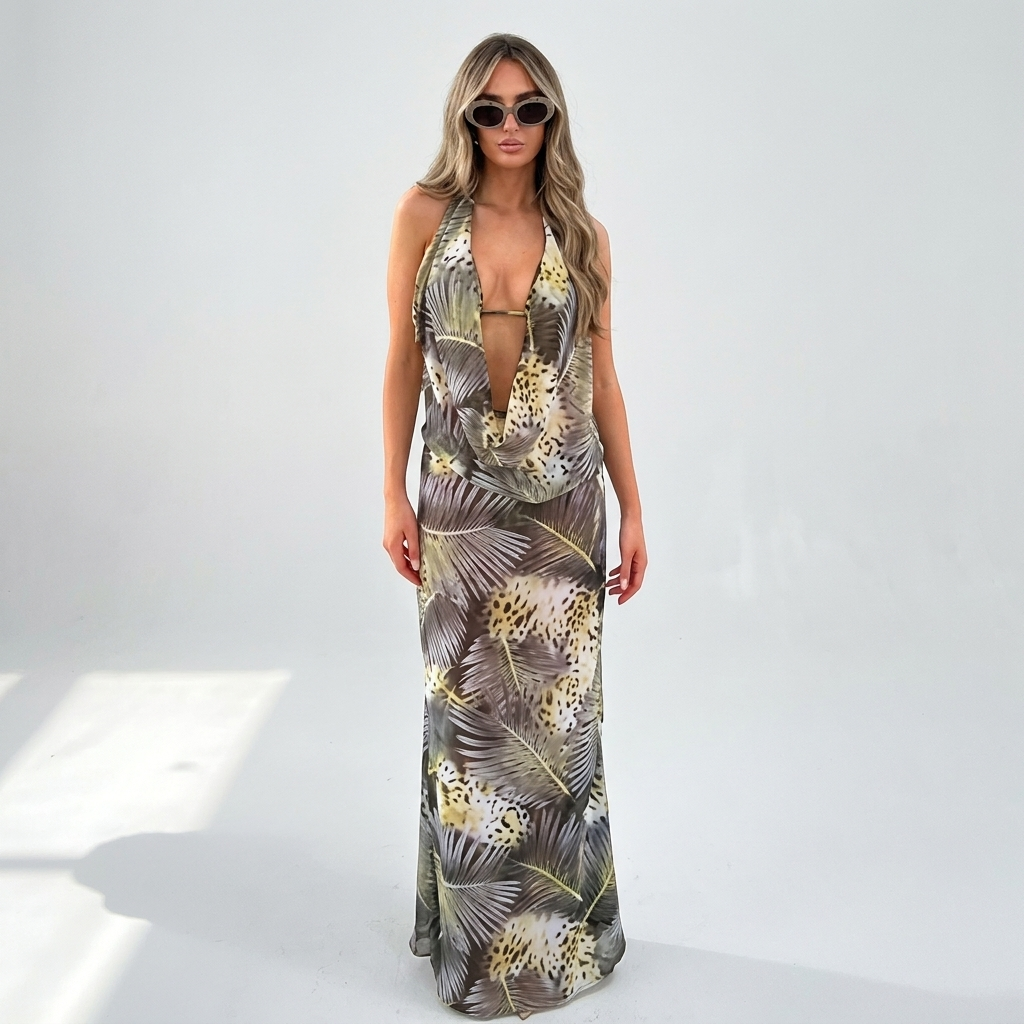 Dorothée — Khaki Halter Wrap Dress, front view