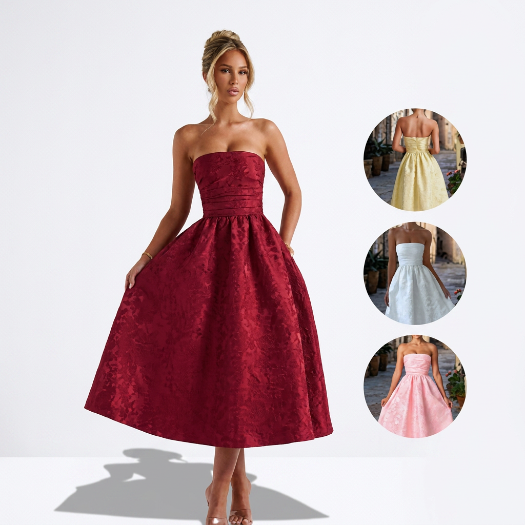 Rosalba — Burgundy Tea-Length Full-Skirt Dress, front view