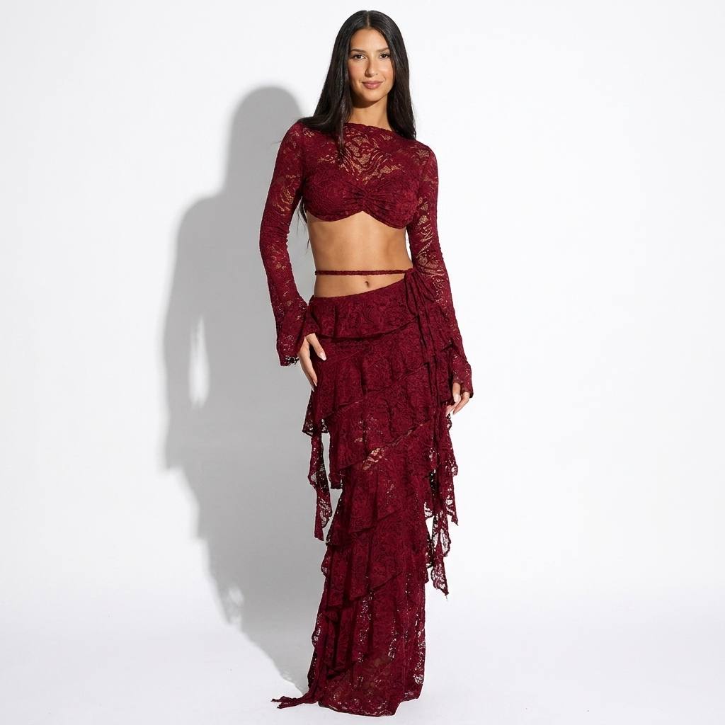 Mélisande — Burgundy Fringe Top & Maxi Skirt Set, front view