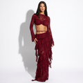 Mélisande — Burgundy Fringe Top & Maxi Skirt Set, front view