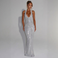 Angélique — Silver Sequin Halter Gown, front view