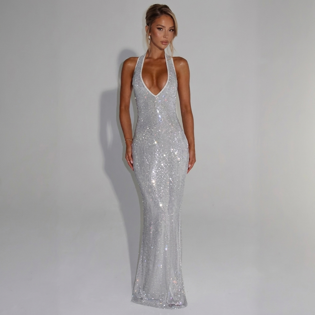 Angélique — Silver Sequin Halter Gown, front view