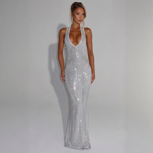 Angélique — Silver Sequin Halter Gown, front view