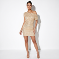 Céline — Champagne One-Shoulder Puff-Sleeve Mini Dress, front view
