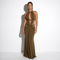 Domitille — Olive Cutout Halter Gown, front view