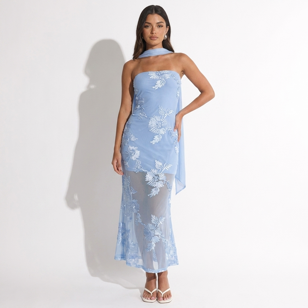 Fleurette — Baby Blue Floral Wrap Dress, front view