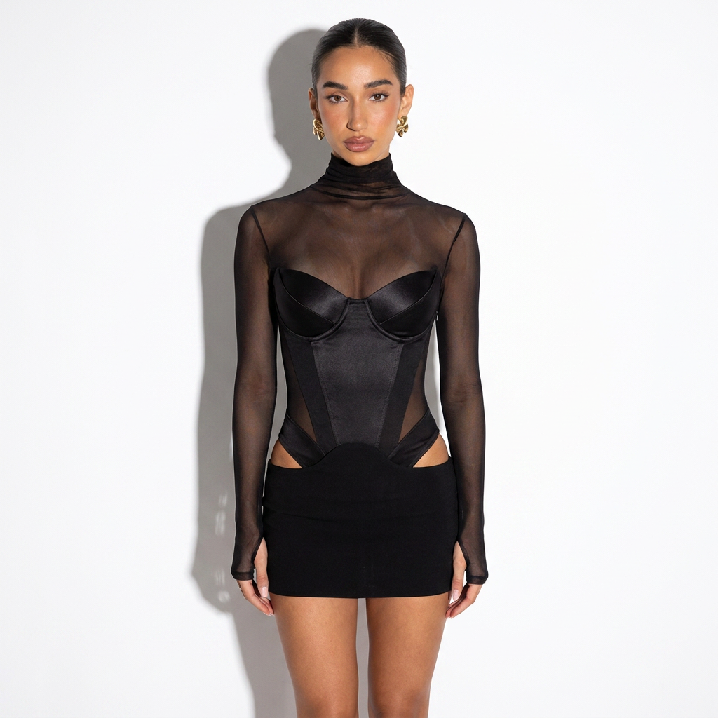 Isaure — Black Cutout Halter Mini Dress, front view