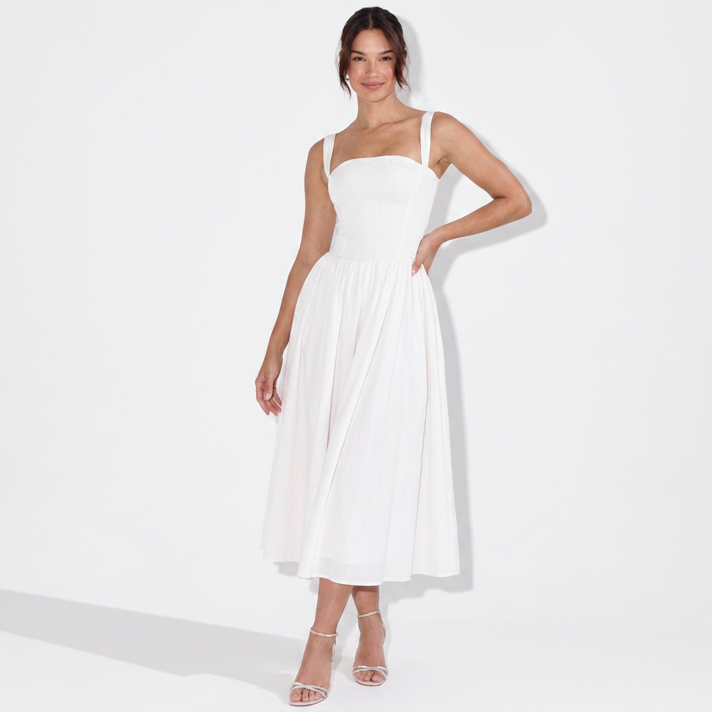 Pascaline — White Square-Neck Midi Dress, front view