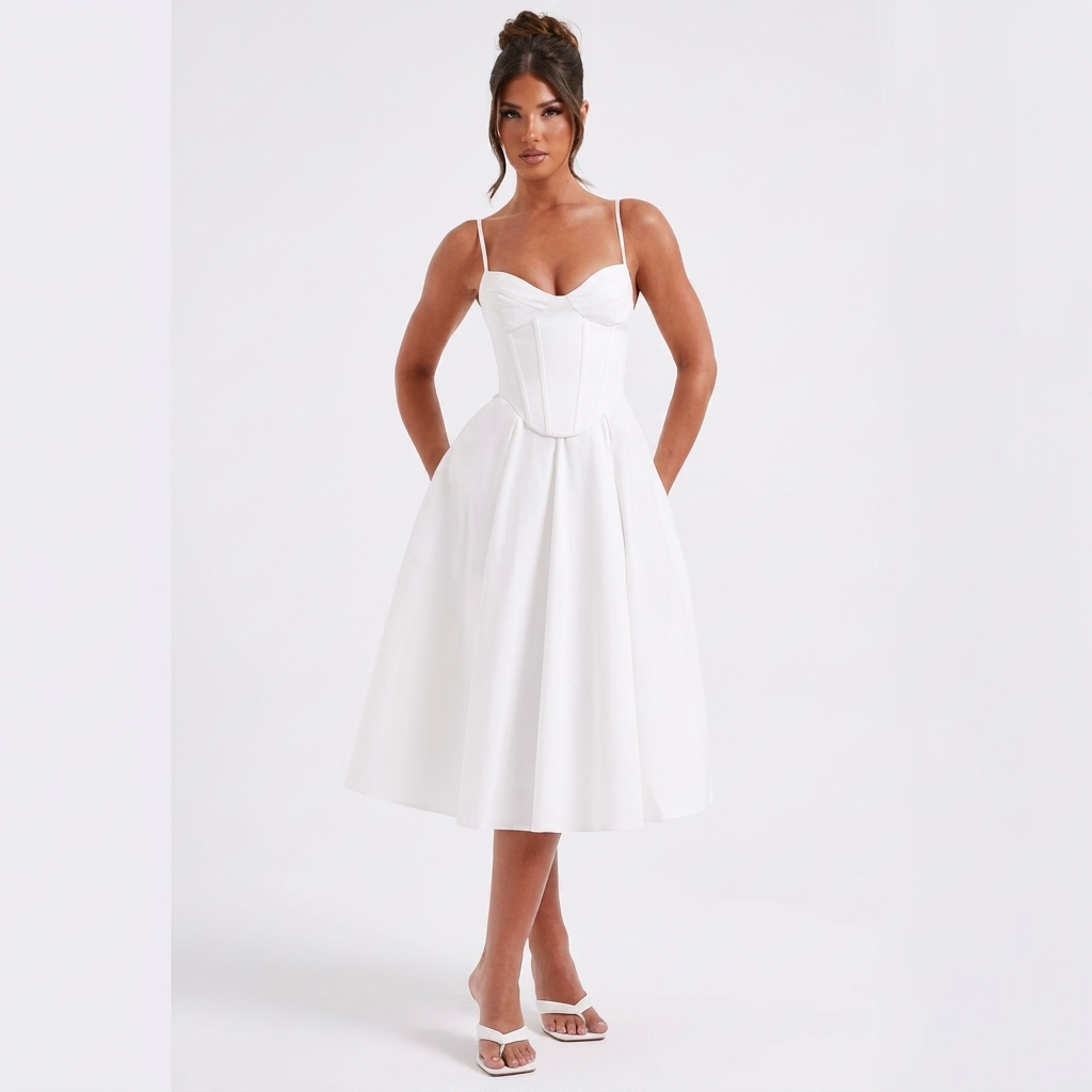 Léocadie — White Strapless Fit-and-Flare Midi Dress, front view