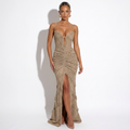 Fauvette — Champagne Sequin Slit Gown, front view