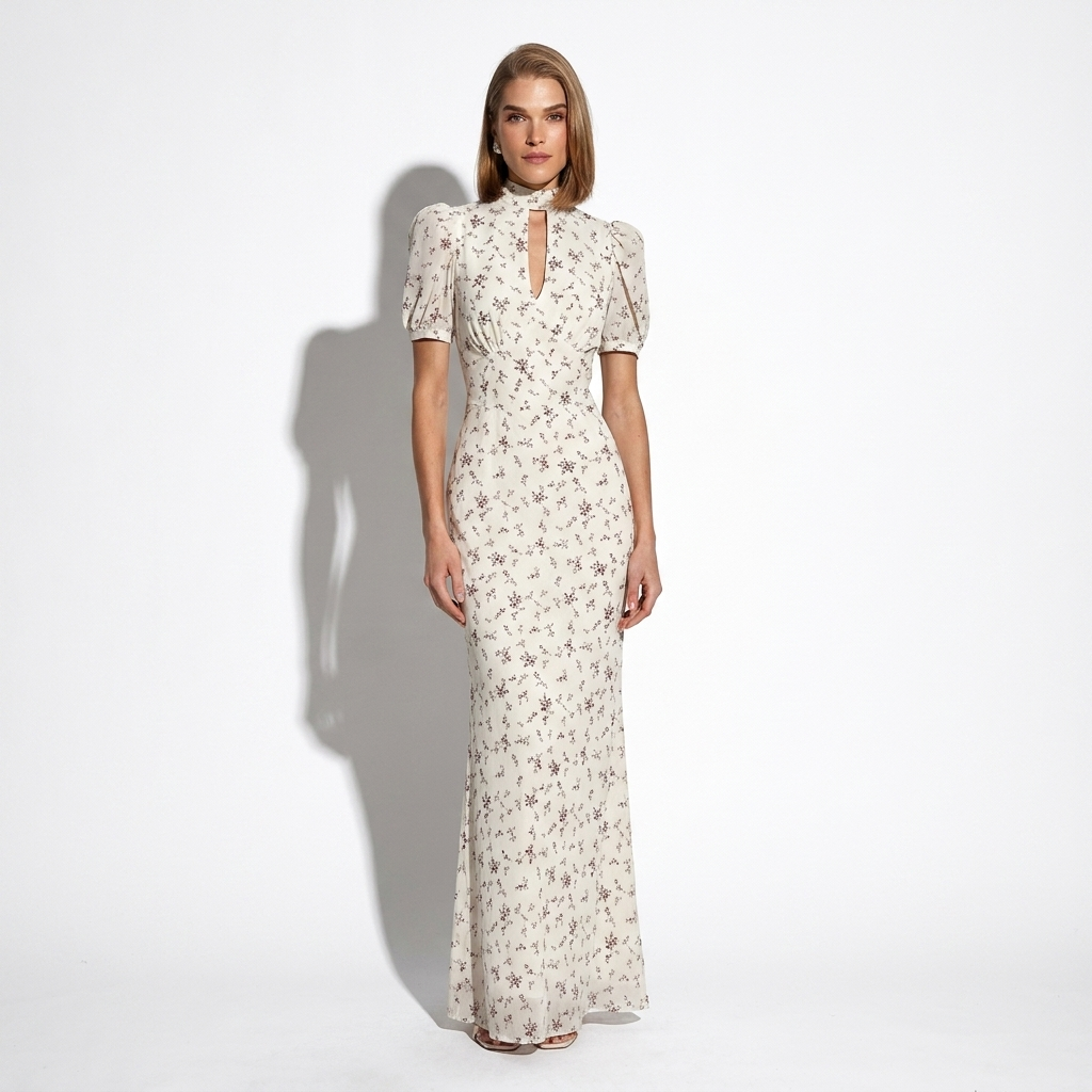 Eugénie — Burgundy Sequin Mandarin-Collar Gown, front view