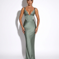 Rosamund — Black Satin Halter Gown, front view