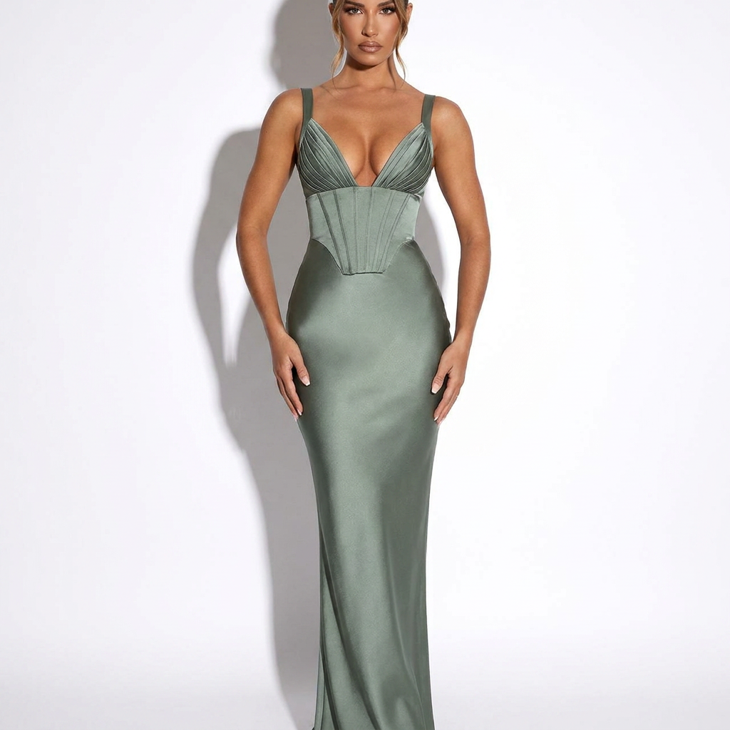 Rosamund — Black Satin Halter Gown, front view
