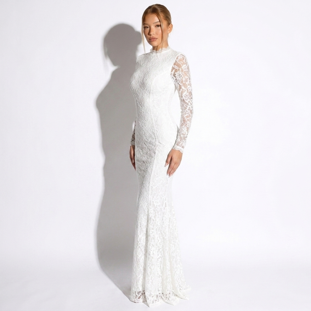 Solène Ivory Lace Cutout Halter Gown, side view