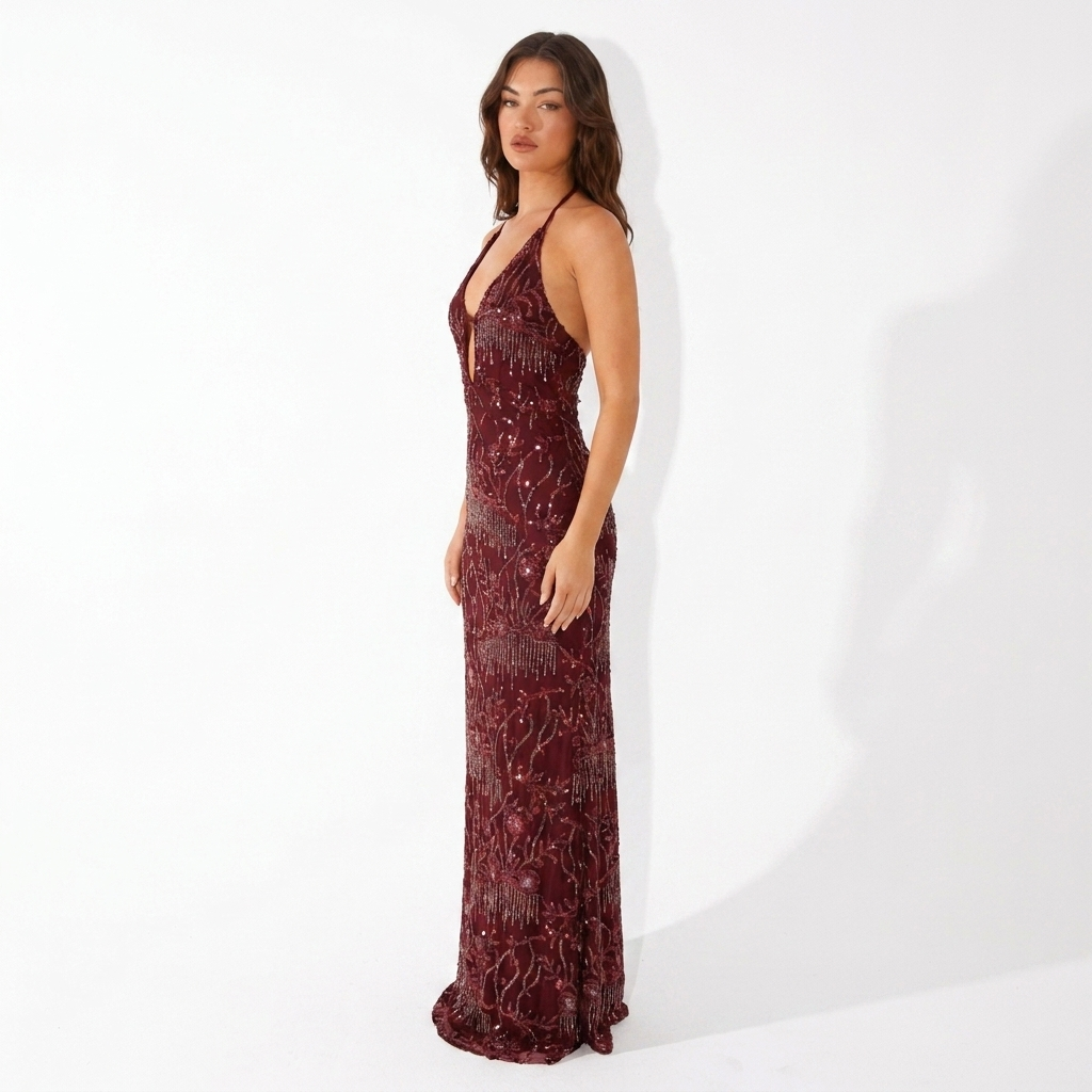 Delphine Wine Sequin Halter Maxi Gown, side view