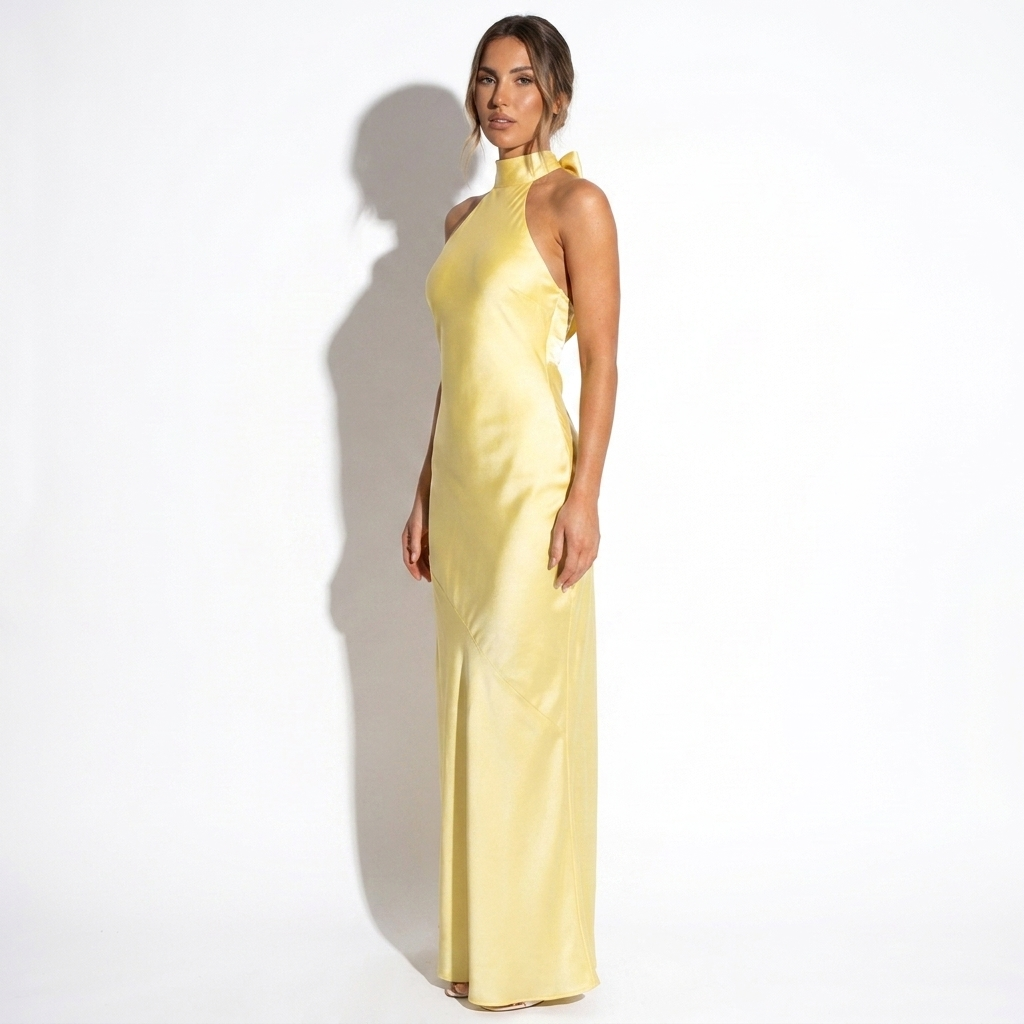 Aurore — Pale Yellow Satin Halter Gown, side view