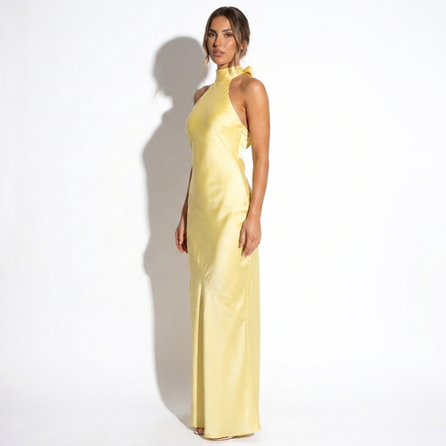 Aurore — Pale Yellow Satin Halter Gown, side view