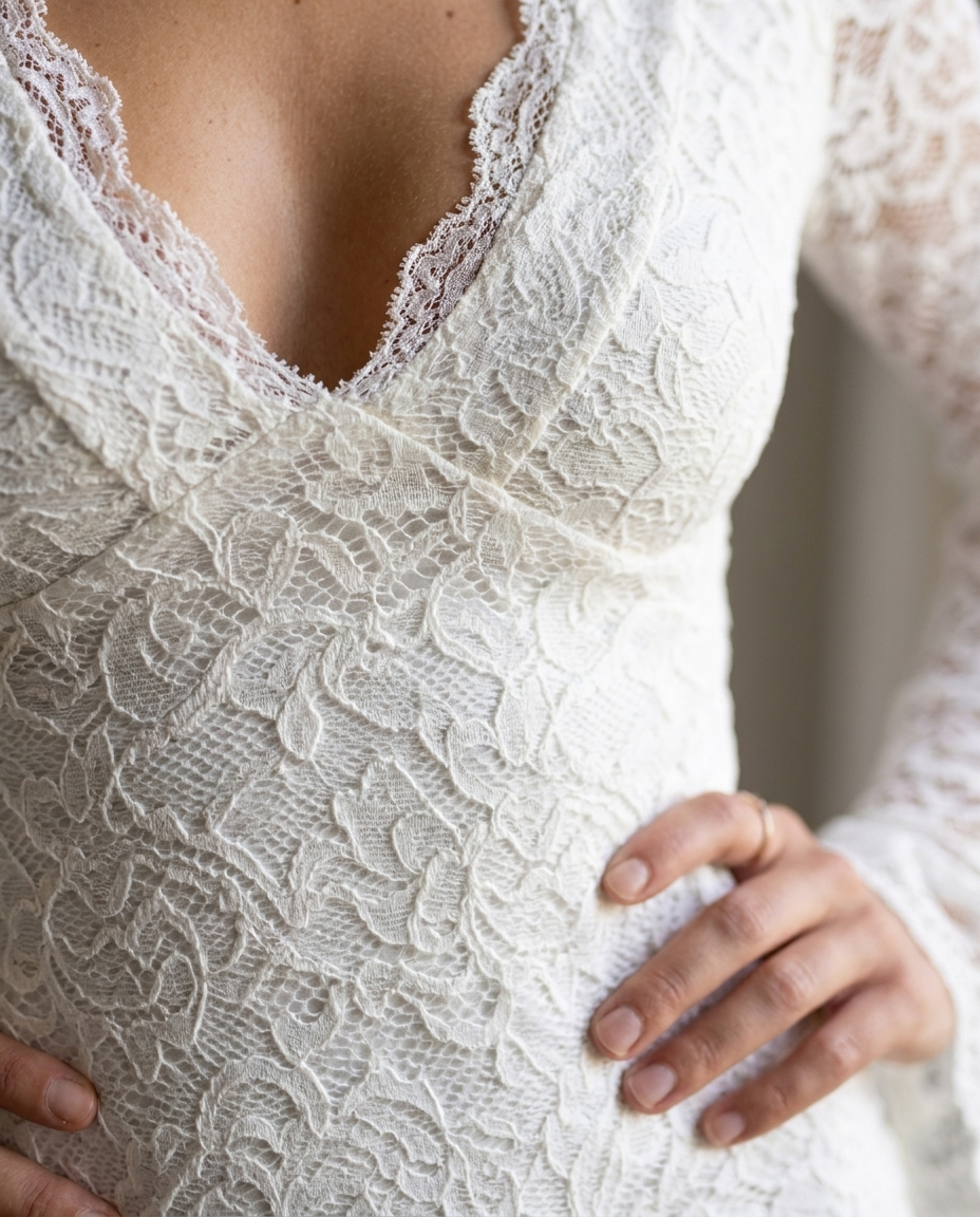 Clémence — Ivory Lace Long-Sleeve Mini Dress, detail