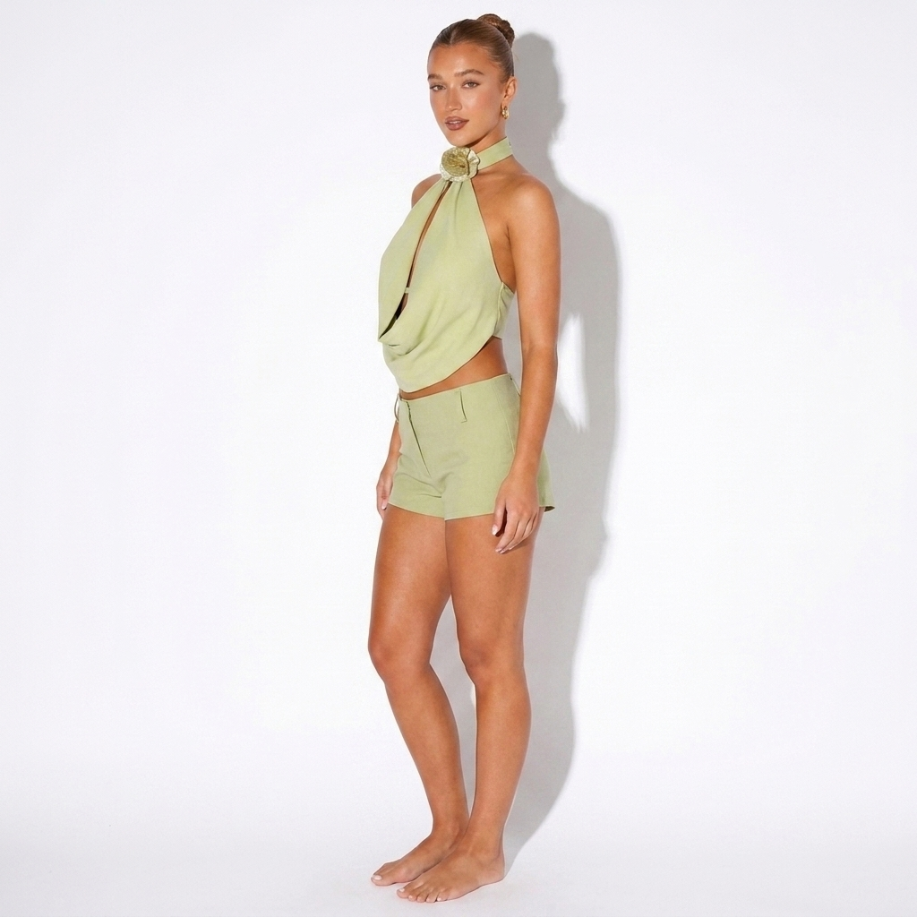 Ninette — Sage Green Halter Top & Shorts Set, side view