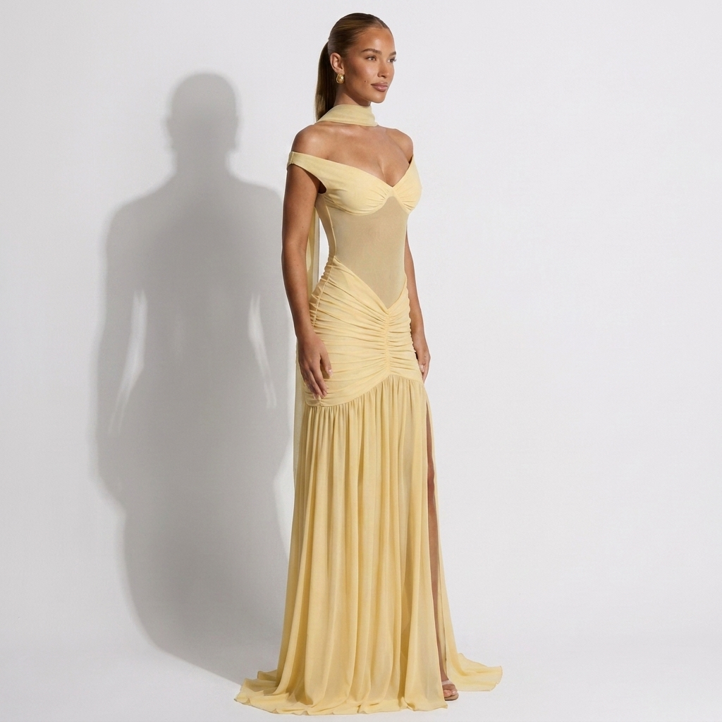 Garance — Butter Yellow Sheer Halter Maxi Dress, side view