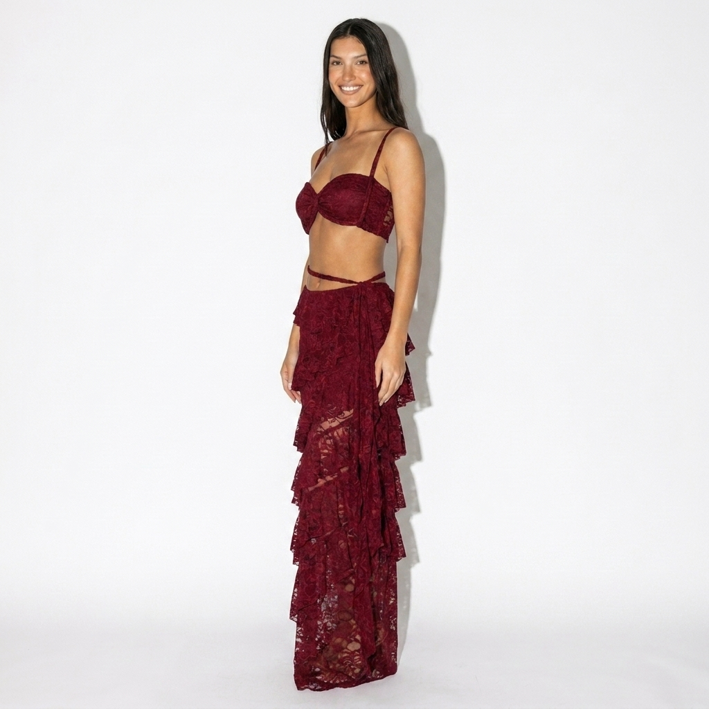 Roxane — Burgundy Fringe Bra Top & Skirt Set, side view