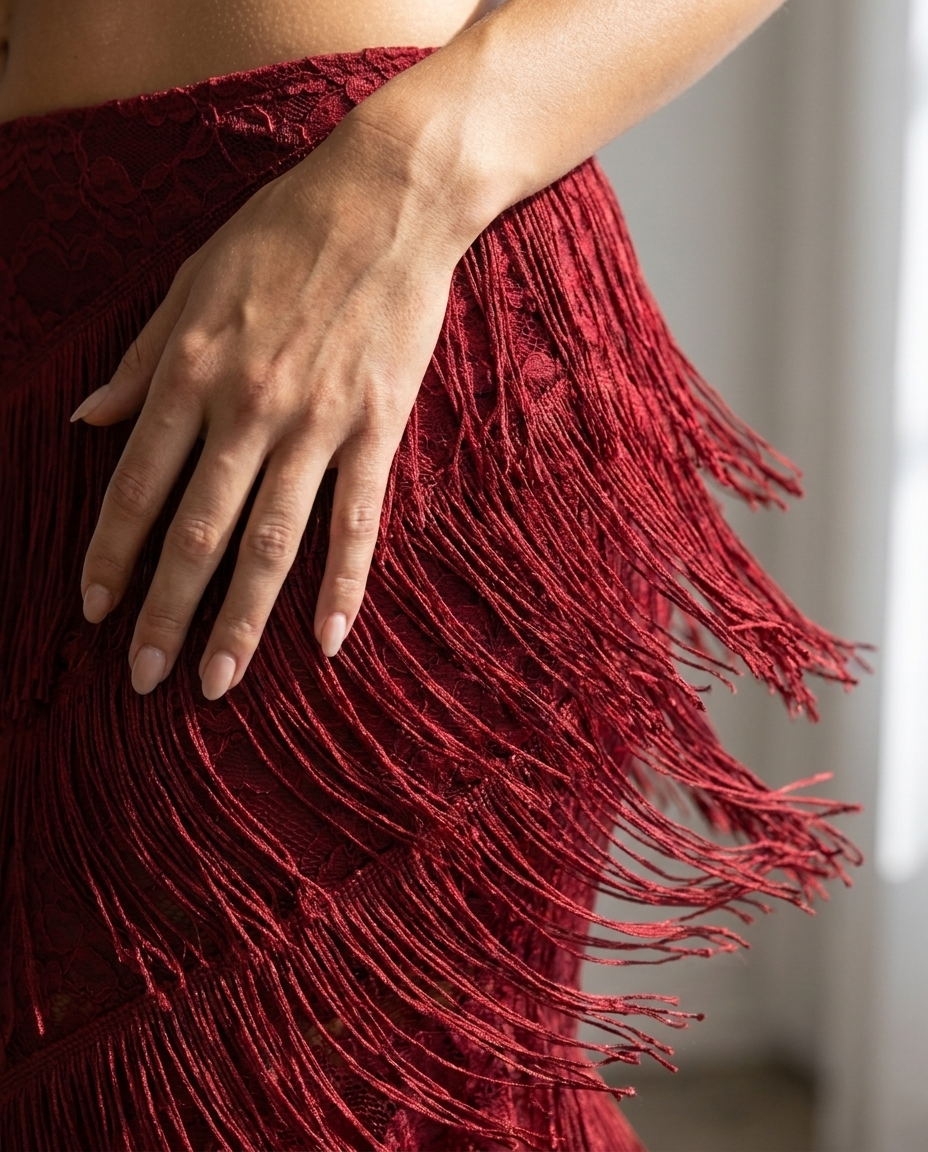 Roxane — Burgundy Fringe Bra Top & Skirt Set, detail
