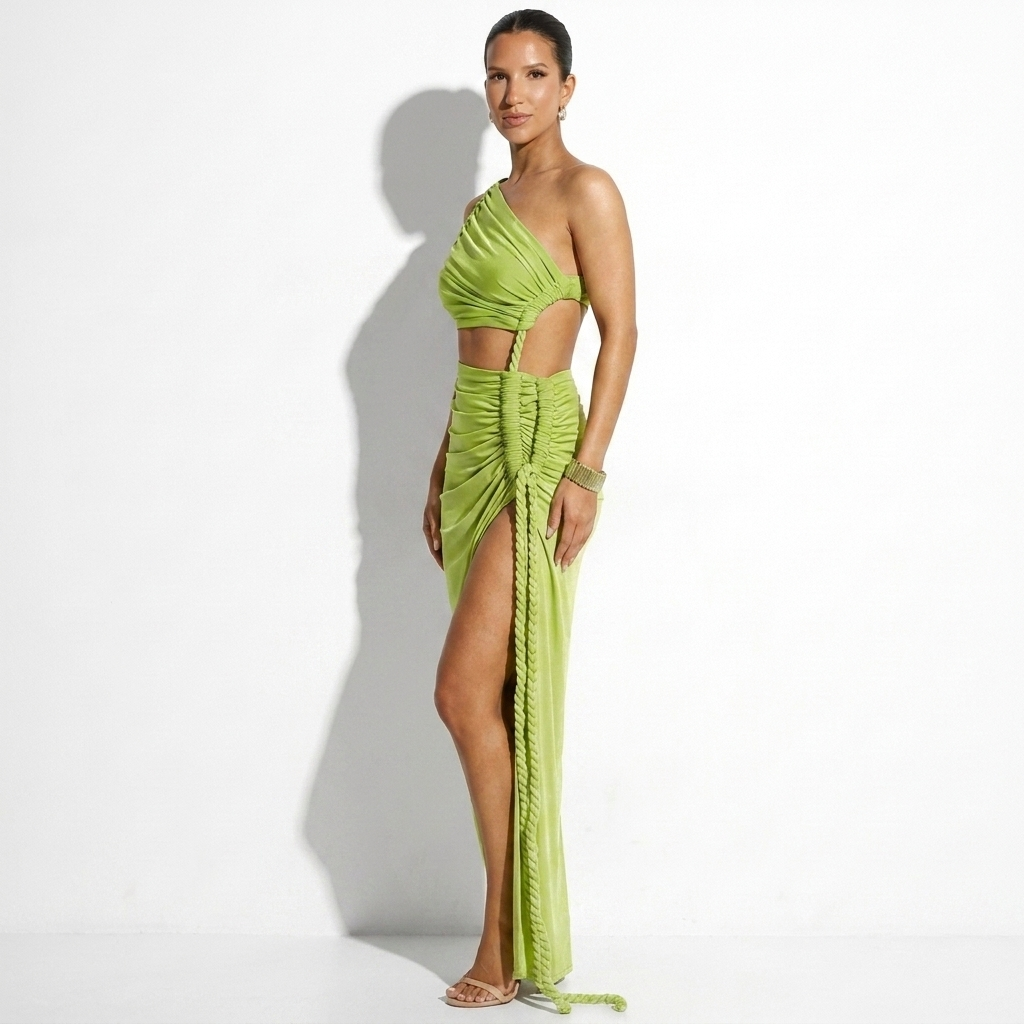 Véronique — Lime Green Satin Crop Top & Slit Skirt Set, side view