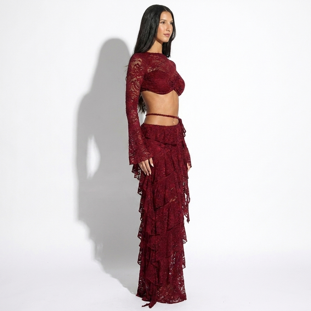 Mélisande — Burgundy Fringe Top & Maxi Skirt Set, side view