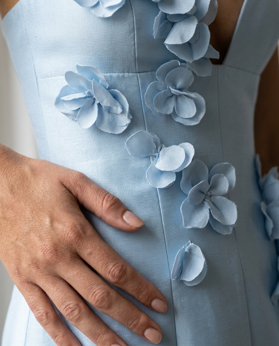 Lucile — Baby Blue Floral Appliqué Mini Dress, detail