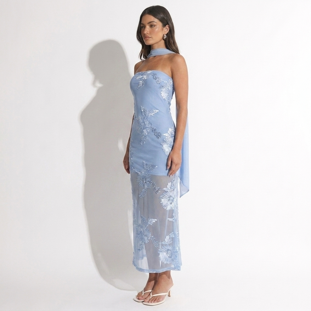 Fleurette — Baby Blue Floral Wrap Dress, side view