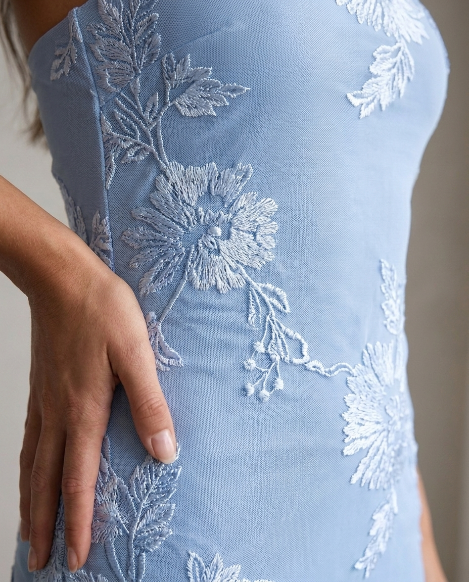 Fleurette — Baby Blue Floral Wrap Dress, detail
