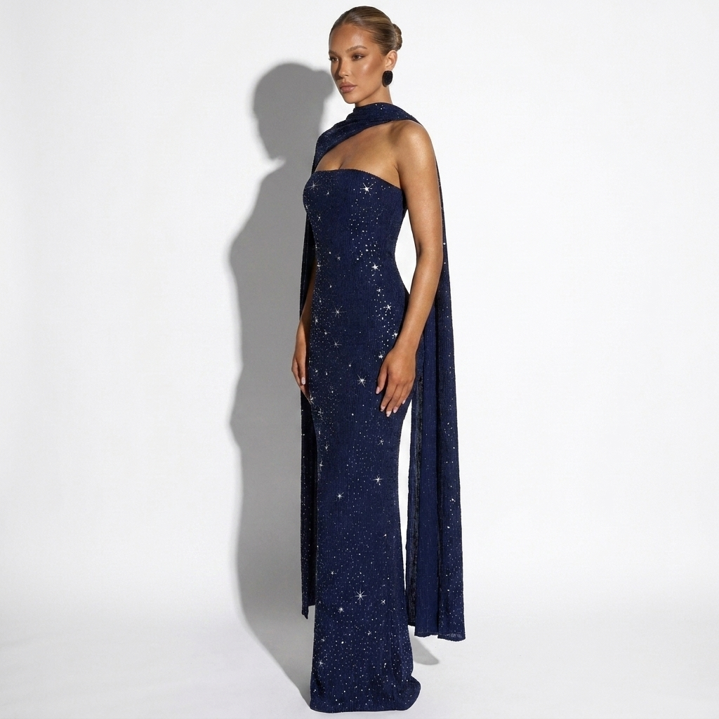 Isabeau — Navy Sequin Halter Gown with Cape Sleeve, side view