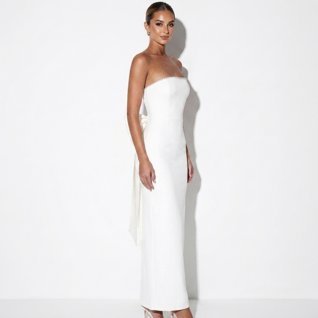Aveline — White Strapless Column Midi Dress, side view