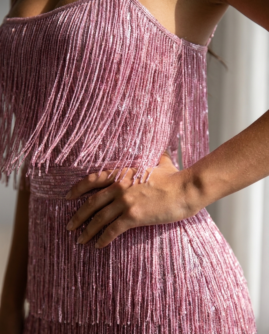 Rosalinde — Pink Metallic Fringe Mini Dress, detail