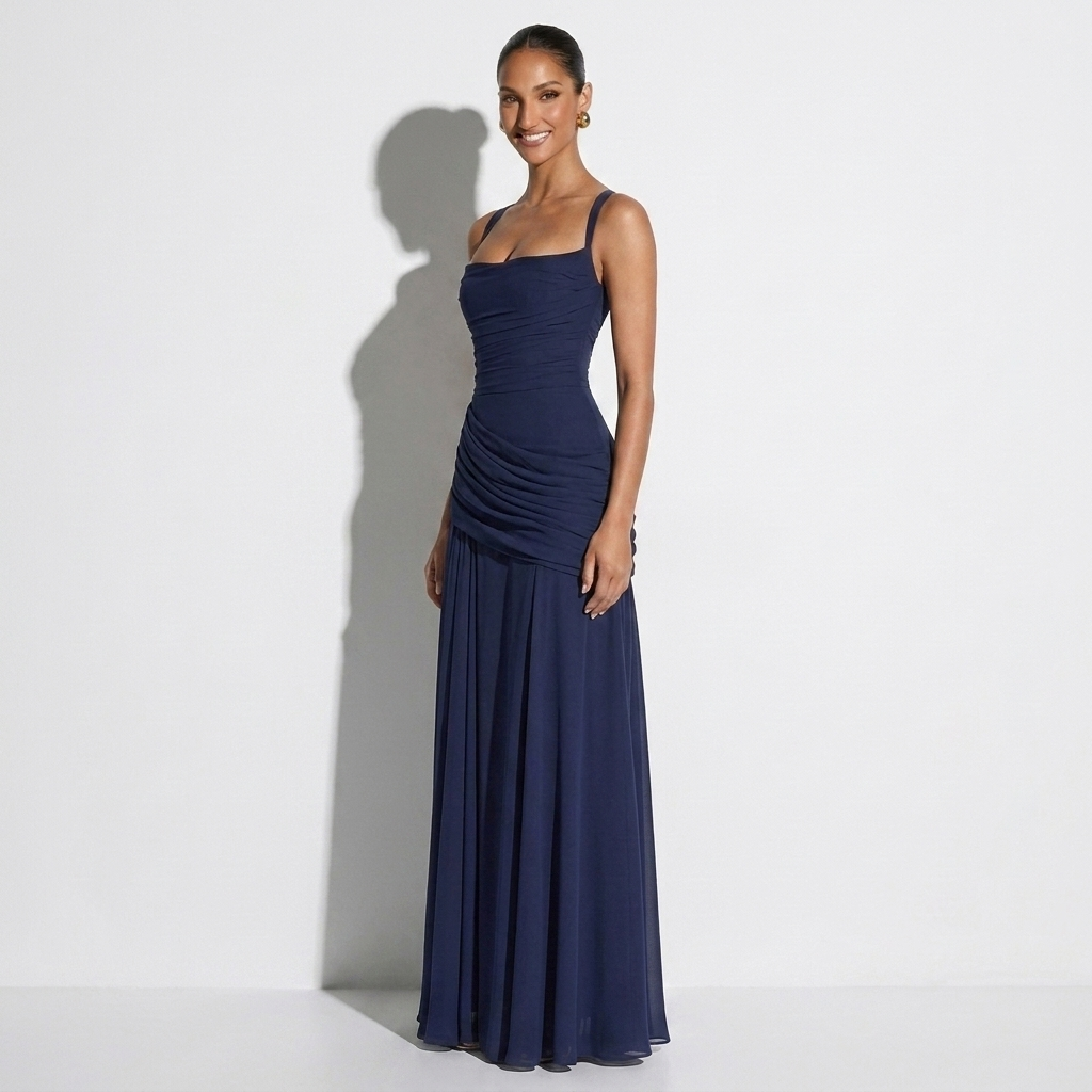 Blandine — Navy Halter Maxi Gown, side view