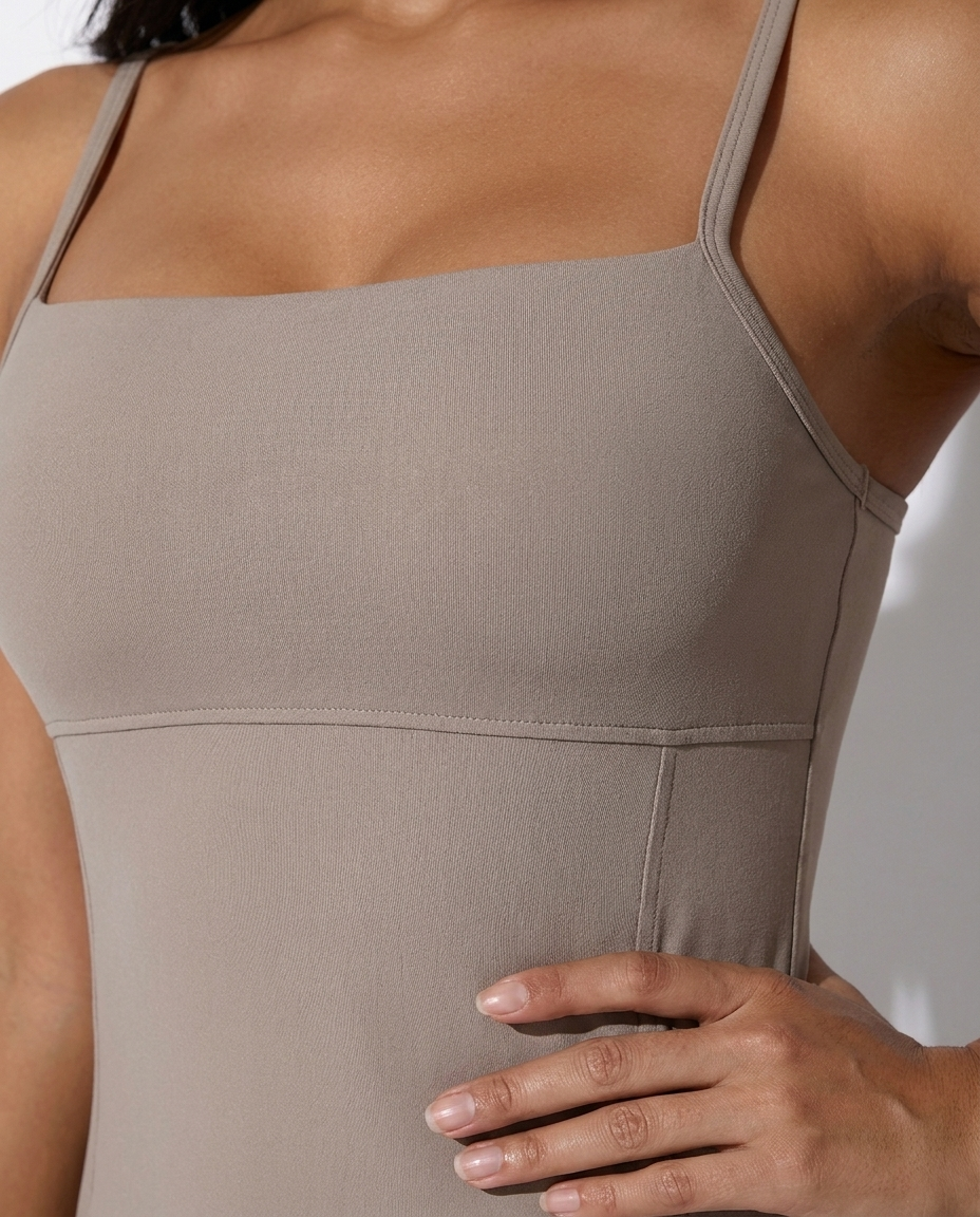 Clotilde — Taupe Square-Neck Fit-and-Flare Mini Dress, detail