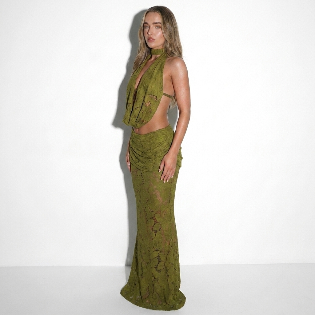 Léontine — Olive Beaded Mermaid Gown, side view