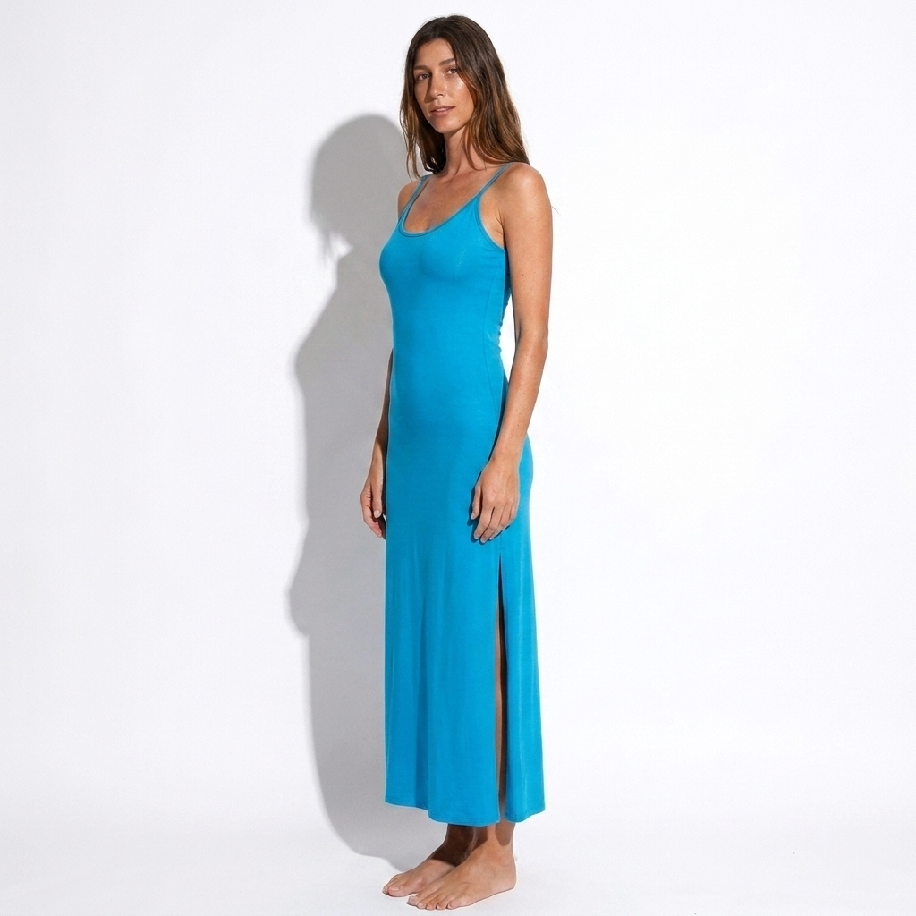 Marine — Blue Satin Cowl Gown, side view