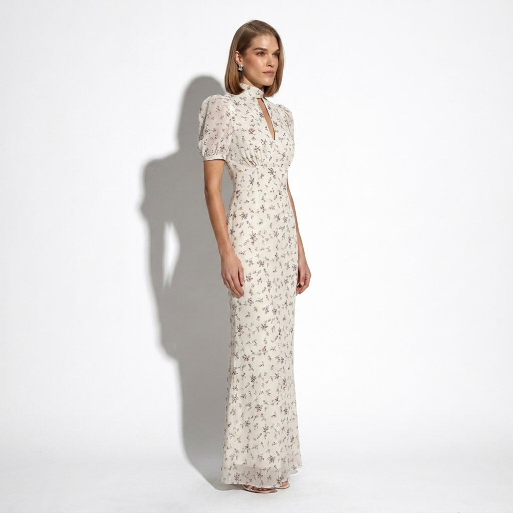 Eugénie — Burgundy Sequin Mandarin-Collar Gown, side view