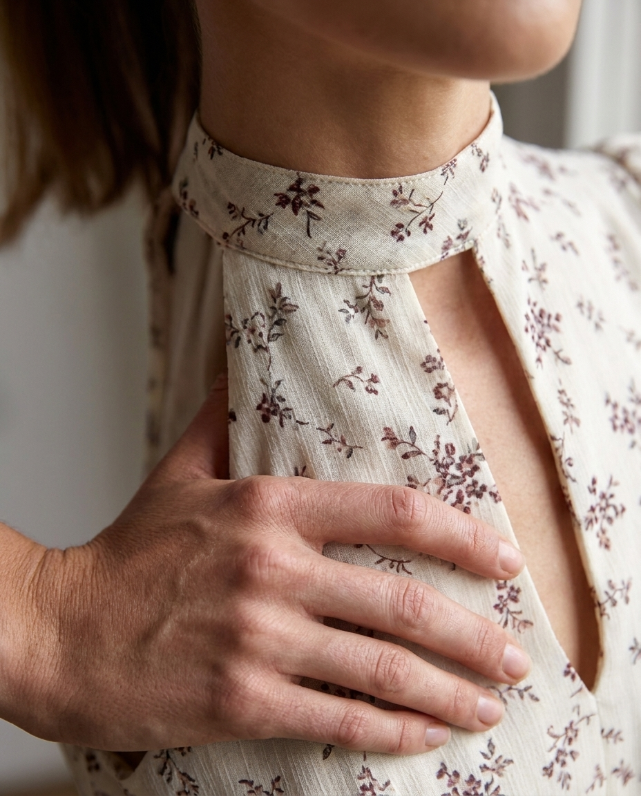 Eugénie — Burgundy Sequin Mandarin-Collar Gown, detail