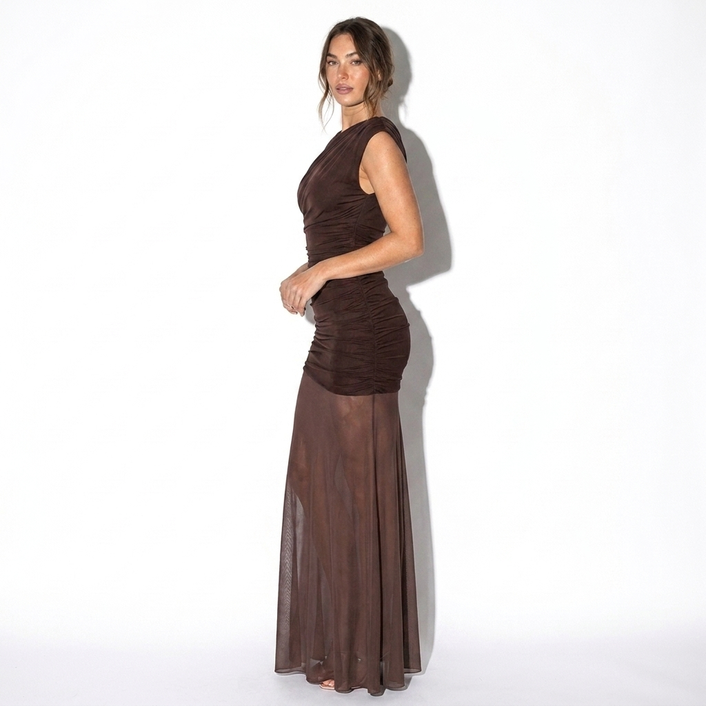 Suzon — Chocolate Draped One-Shoulder Gown, side view