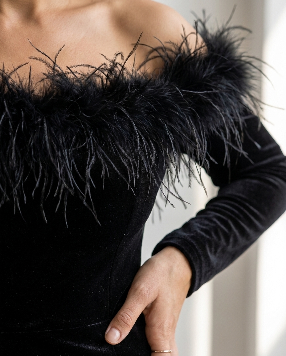 Plumette — Black Feather-Trim Mini Dress, detail